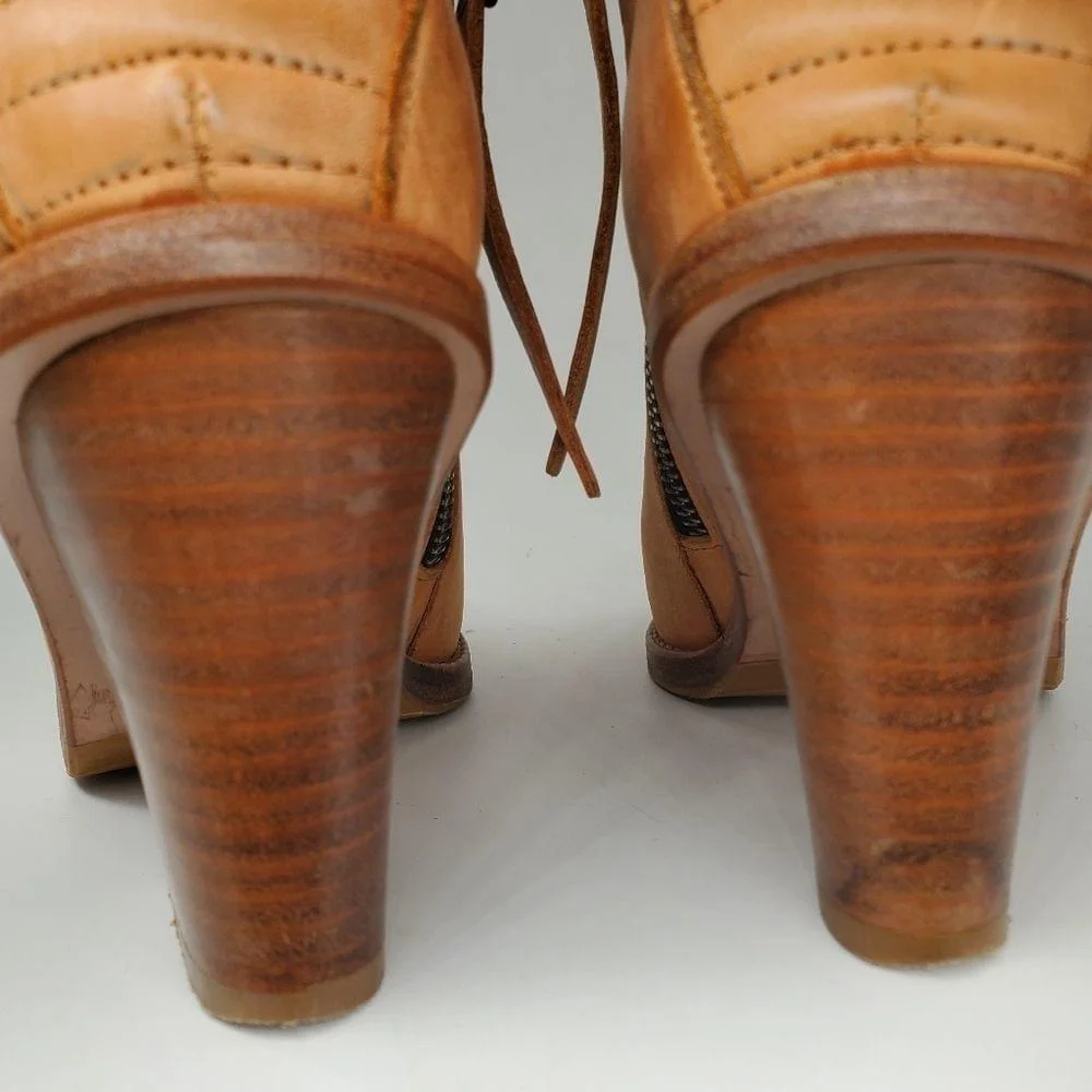 Surface To Air Tan Leather Stacked Block Side-Zip Almond Toe Ankle Boots